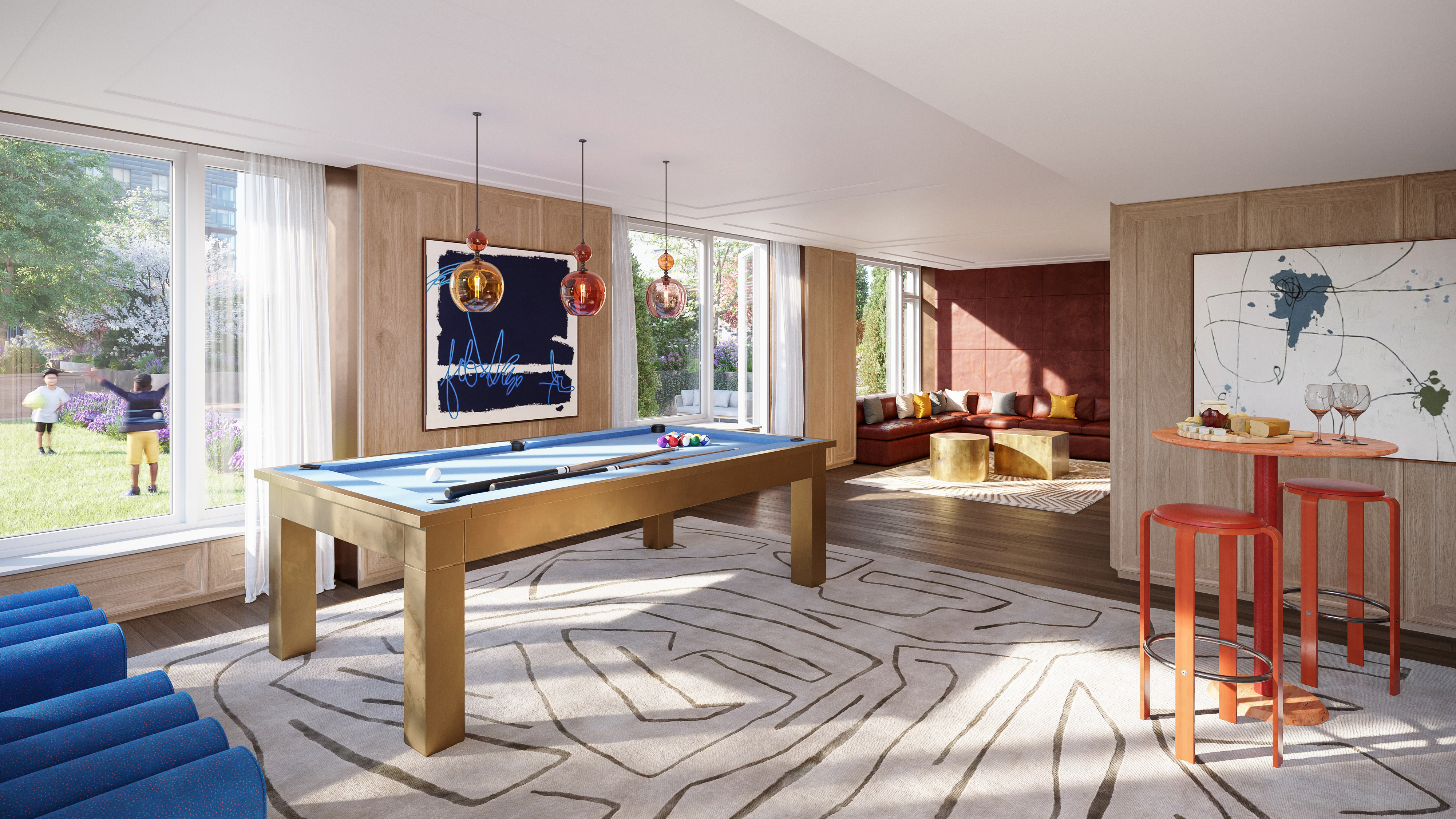 A brightly lit room with a billiards table in the center