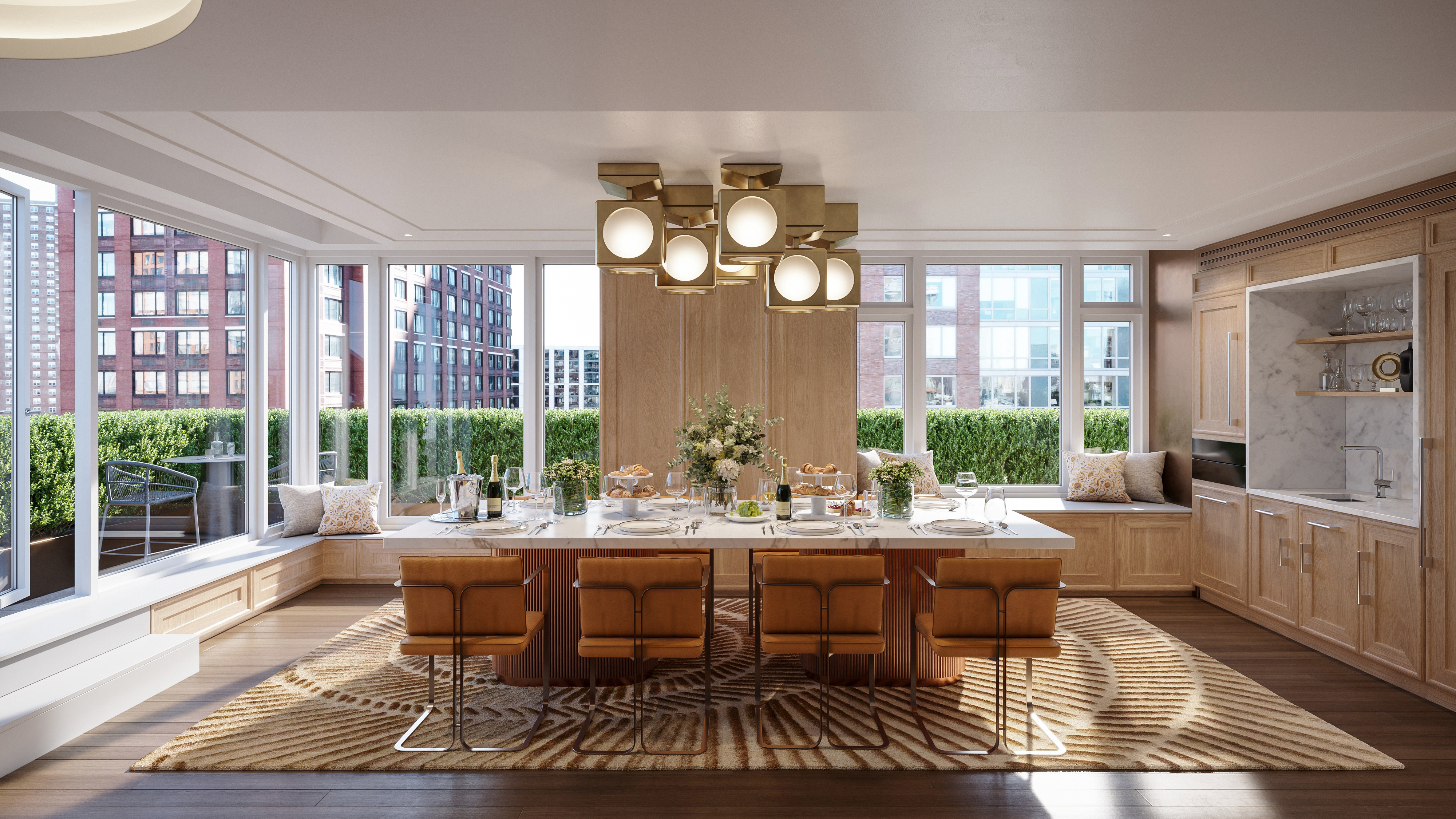 A dining room with a table and leather chairs in the center and the view of a park in the background